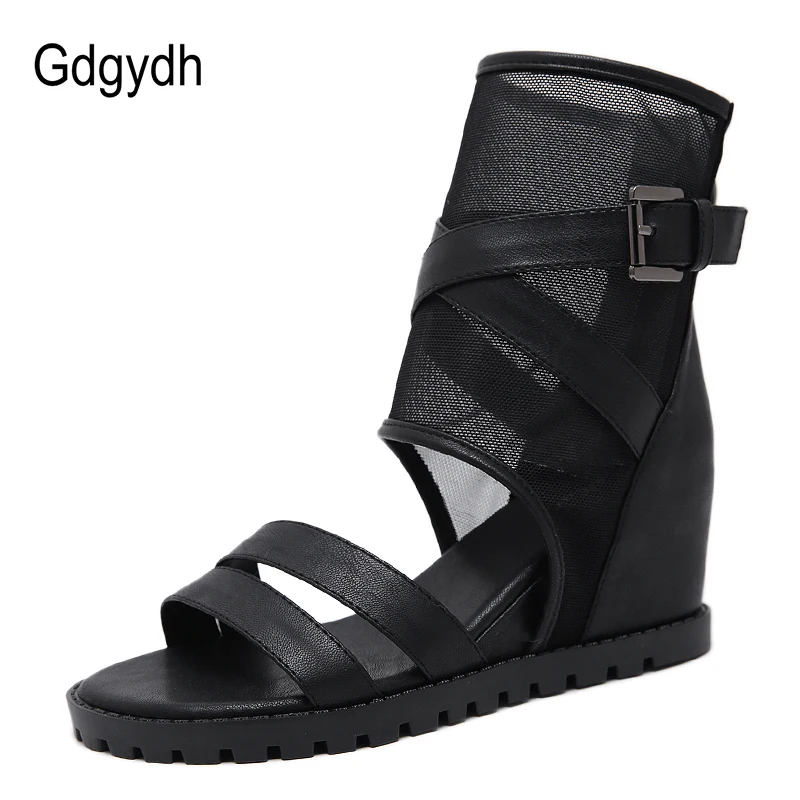 Gdgydh Ankle Strap Sandals Woman Wedge Air Mesh Punk Shoes Black Summer Sandal Shoes For Women Casual Shoes 2022 Good Quality