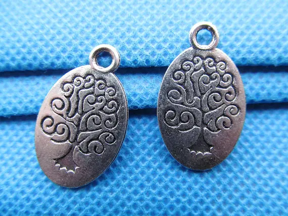 100 piezas de tono plateado antiguo/filigrana de Bronce Antiguo, amuleto de la suerte, árbol de la vida, pulsera ovalada, colgante, accesorio DIY