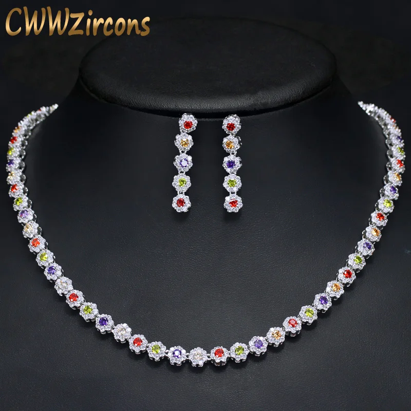 CWWZircons Multi Color Cubic Zirconia Women Wedding Choker Necklace And Earrings Sets Elegant Women Party Costume jewelry T119