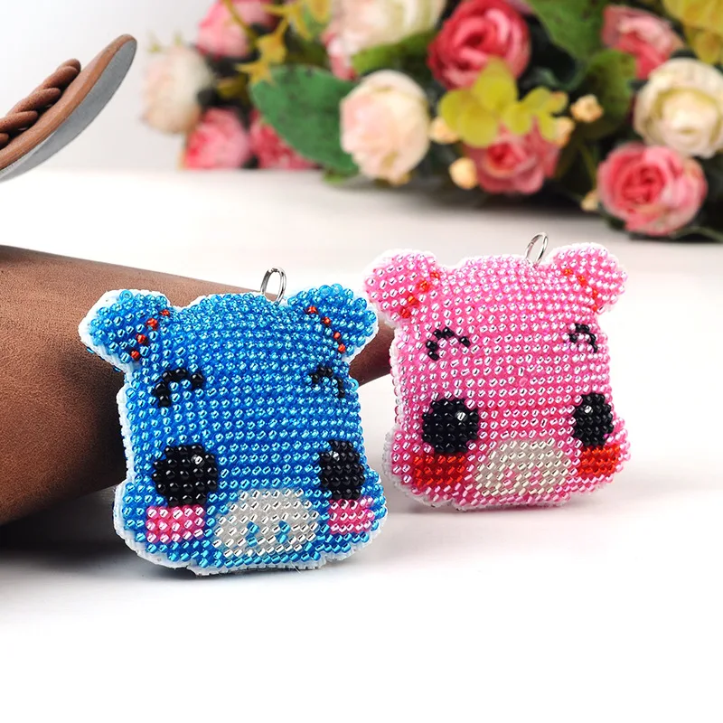 Diy bead embroider toys children adult couple  keychain lovely pig full cross-stitch beads two-sided printing 2018 new wholesale