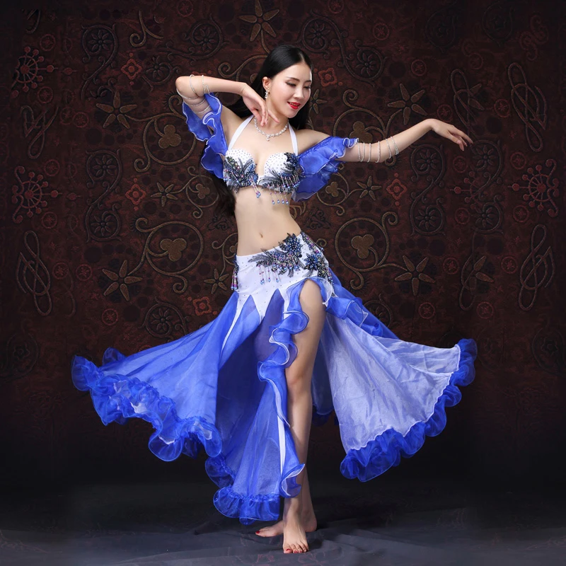 2019 Top Grade Phụ Nữ Dancewear Belly Quần Áo Nhảy Múa Phương Đông Nhảy Đính Cườm Trang Phục với Tay Áo Trang Phục Múa Bụng Đặt Áo Ngực Váy