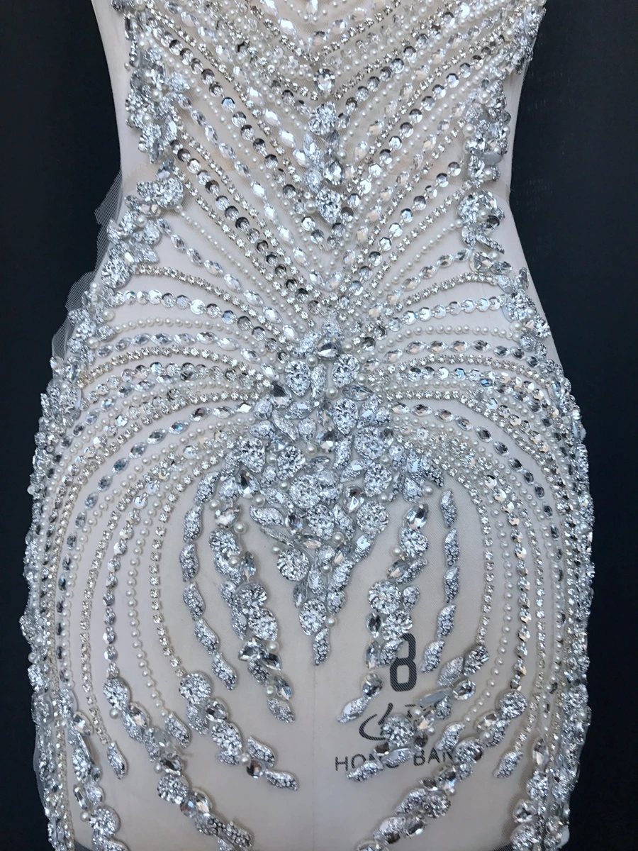 hand made sew on bodice Rhinestones  applique on mesh s crystals full body  patches 86*40cm/75*35cm  wedding dress accessory