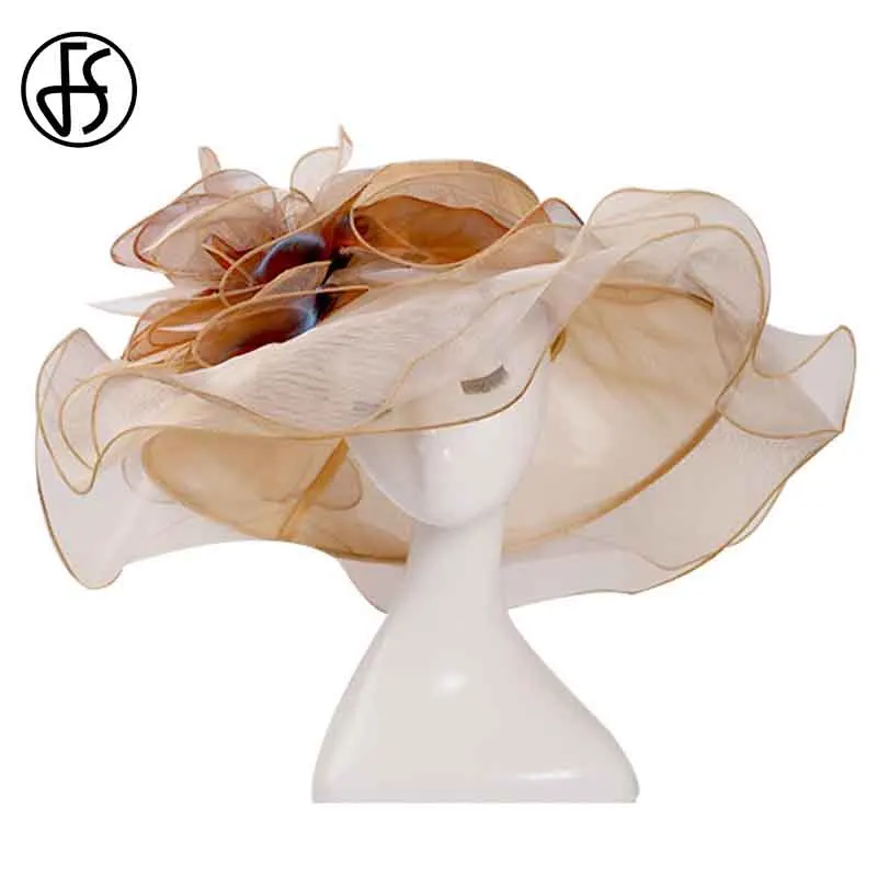 FS Pink Kentucky Derby Hat For Women Organza Sun Hats Flowers Elegant Large Wide Brim Ladies Wedding Church Fedoras