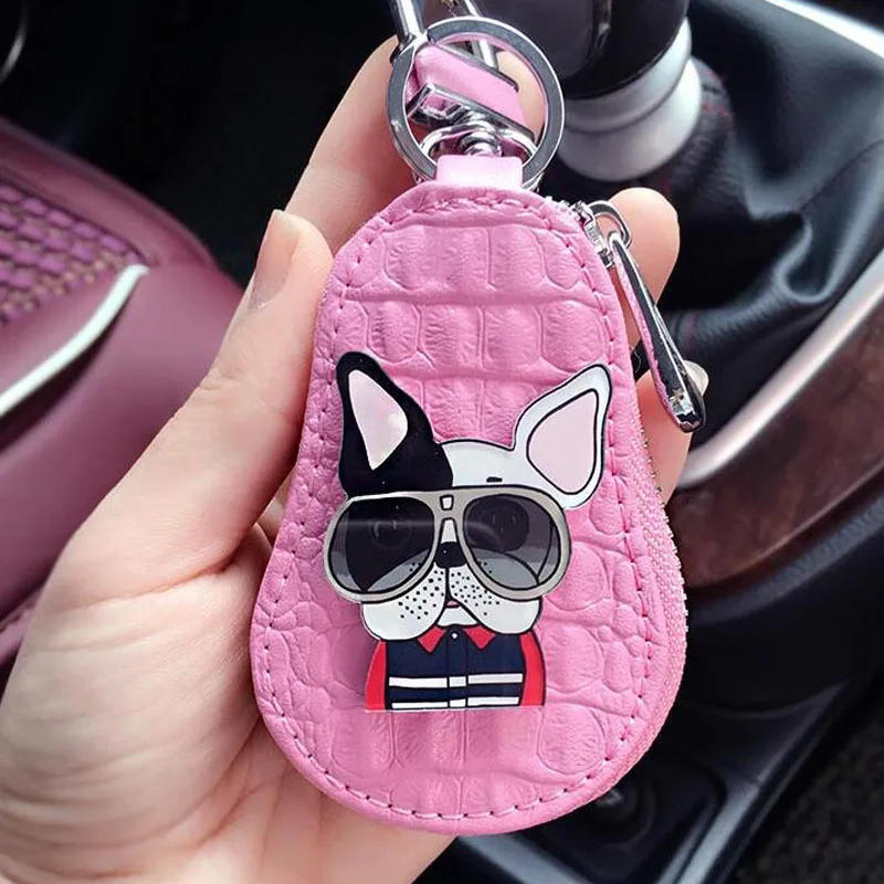 Chaveiro bonito dos cães chaveiro poodle bulldog bolsa encantos pacote chave do carro chaveiro de couro das mulheres capas de chaveiro com zíper