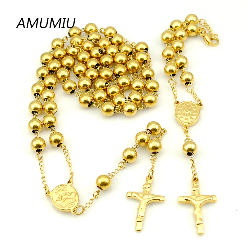 

AMUMIU Fashion 8mm Necklace Bracelet Sets gold Color Stainless Steel Rosary beads Cross Classic religious women men HZTZ076