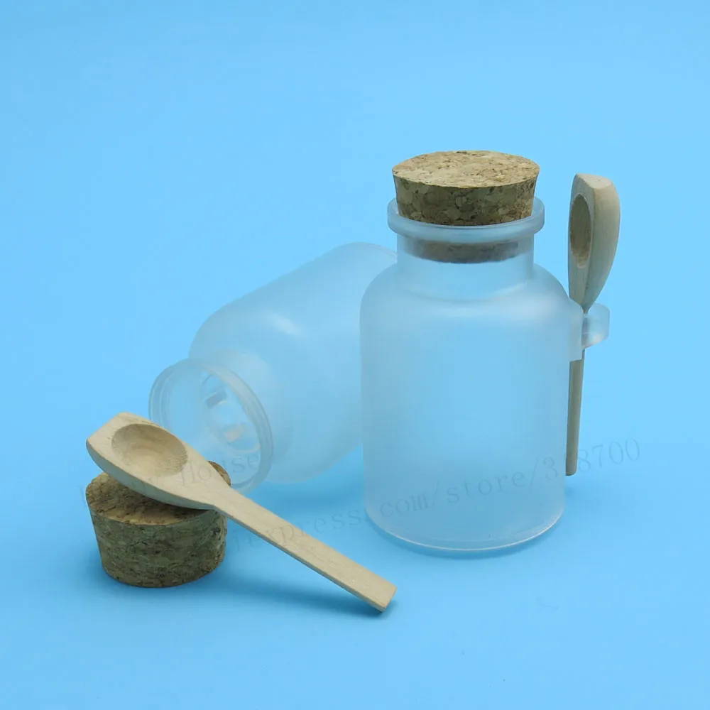 30 x 100ml  Portable  Bath salt bottle with cork jar with wooden spoon 100g Powder plastic bottle