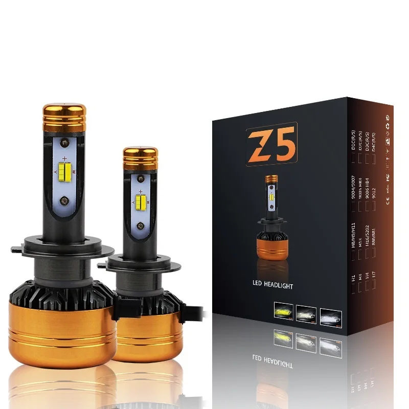 PAMPSEE Car Tricolor 3Color LED Headlight Z5 H1 H4 H7 H11 HB4 50W 5800LM 3000K 4300K 6000K Yellow White Dual Two Color LED Bulbs
