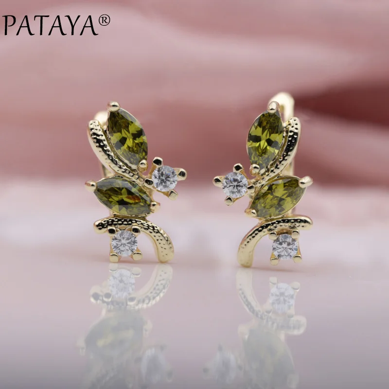 PATAYA New Olive Green Drop Earrings 585 Rose Gold Color Natural Zircon Inlay Brinco Turkey Antique Jewelry Dangle Earrings