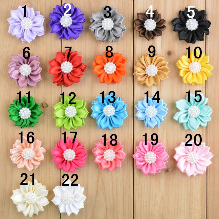 100 pcs/lot free shipping, 1.5 inch Satin Ribbon Flowers with pearl