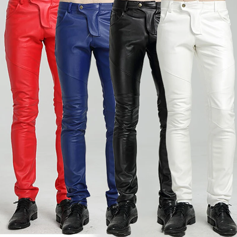 

Quality PU Winter Line Sexy Red Slim Tight Male Leather Pant Men Motorcycle Black Skinny Biker Trouser Leather Jogger Blue White