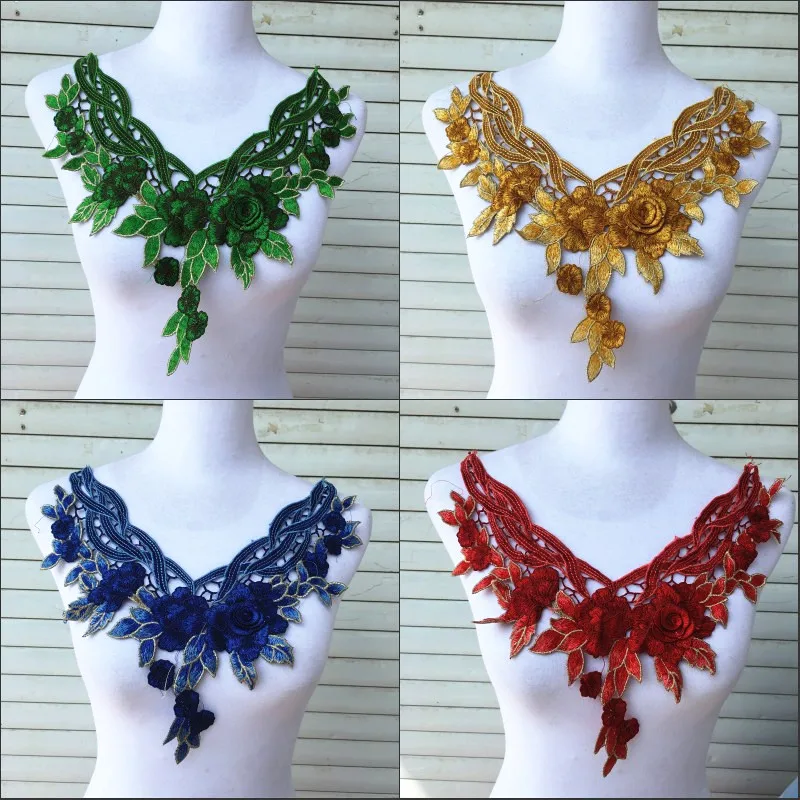 1pc Colorful Flower Lace Fabric Dress Applique Motif Blouse Sewing Trims, DIY Neckline Collar Costume Decoration