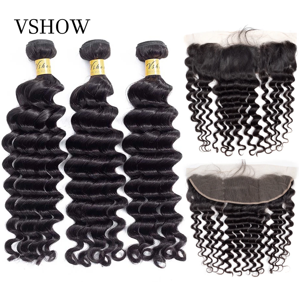 VSHOW Brazilian Loose Deep Wave Remy Hair Weave Bundles With Closure Frontal 13x4 Human Hair Extension 3 Bundles With Frontal