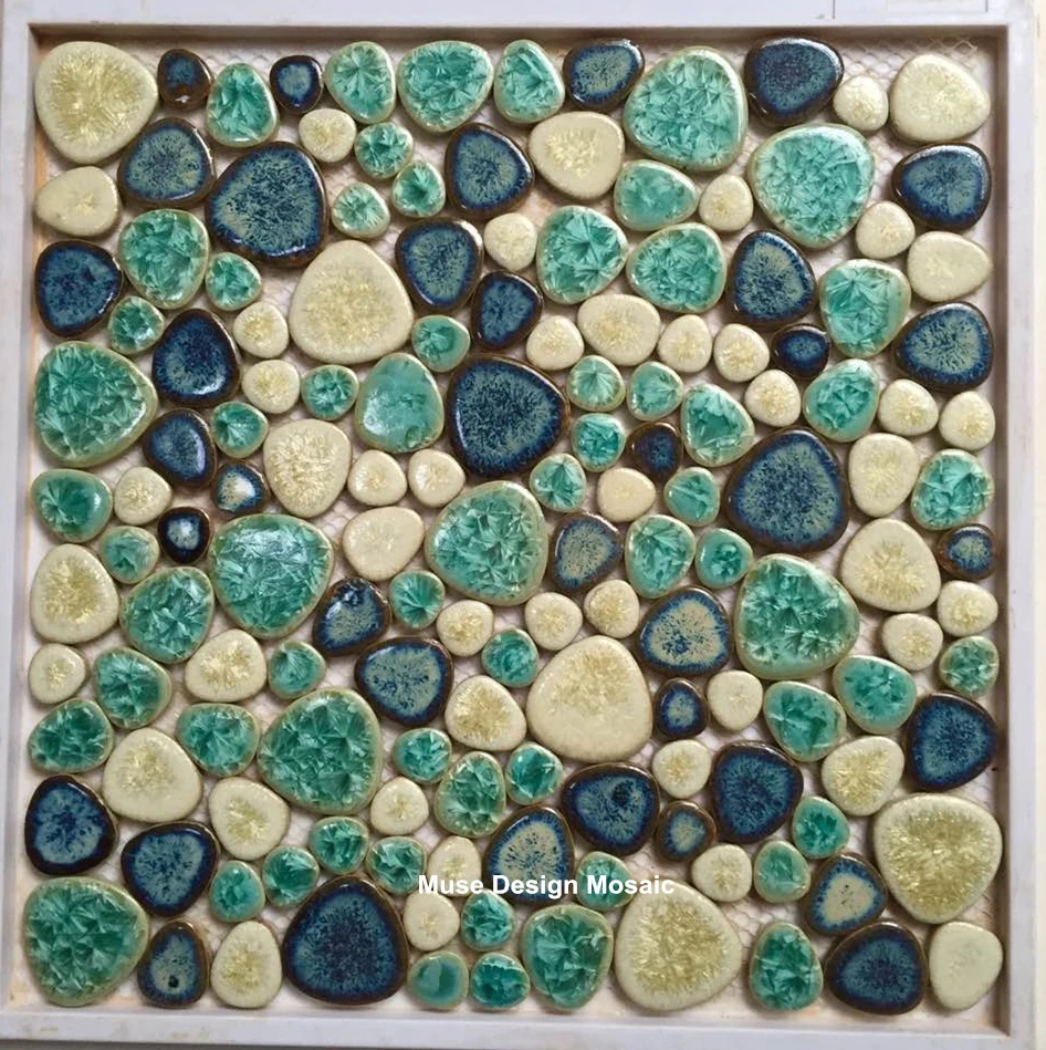 Glossy Fresh Green Blue White Glazed Pebble Mosaic Tile, Bathroom Pool Wall tile Floor Tile Outdoor Interior Decor 70 years