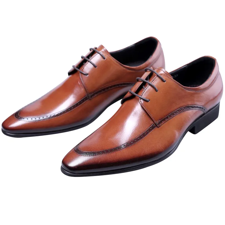 Brown / Black Pointed Toe Business Shoes Mens Dress Shoes Genuine Leather Derby Shoes Male Wedding Shoes