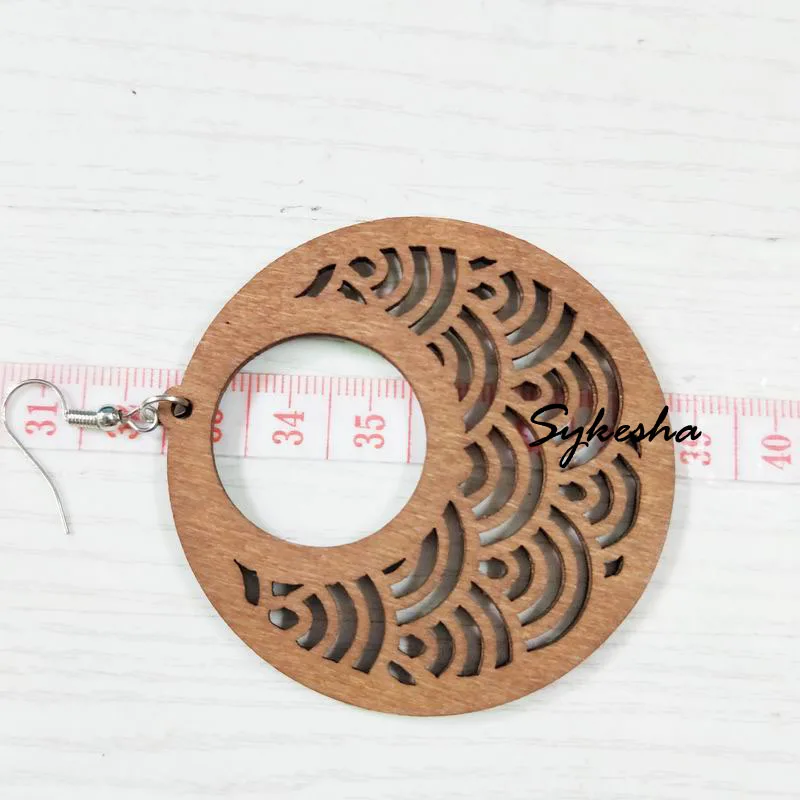National Retro Wood Cut Tree Leaves Hollow Round Drop Earrings Wooden Indian Africa Jewelry