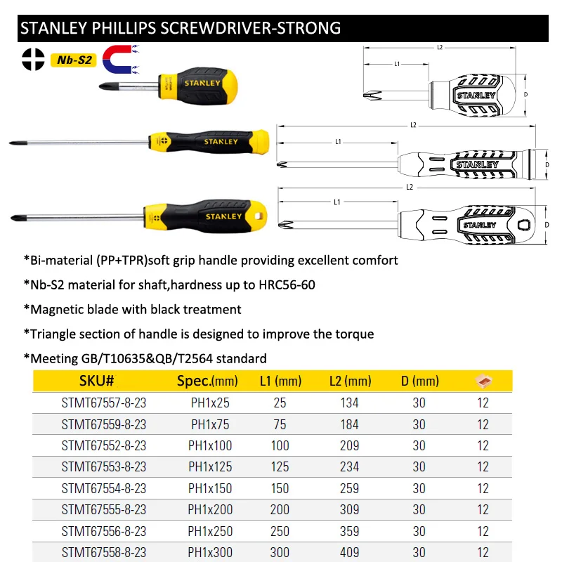 Stanley 1 sztuk PH1 PH2 PH3 stubby duży długi precyzyjne śrubokręt magnetyczny phillips 25mm 45mm 75mm 100mm 125mm 150mm 200mm do 300mm