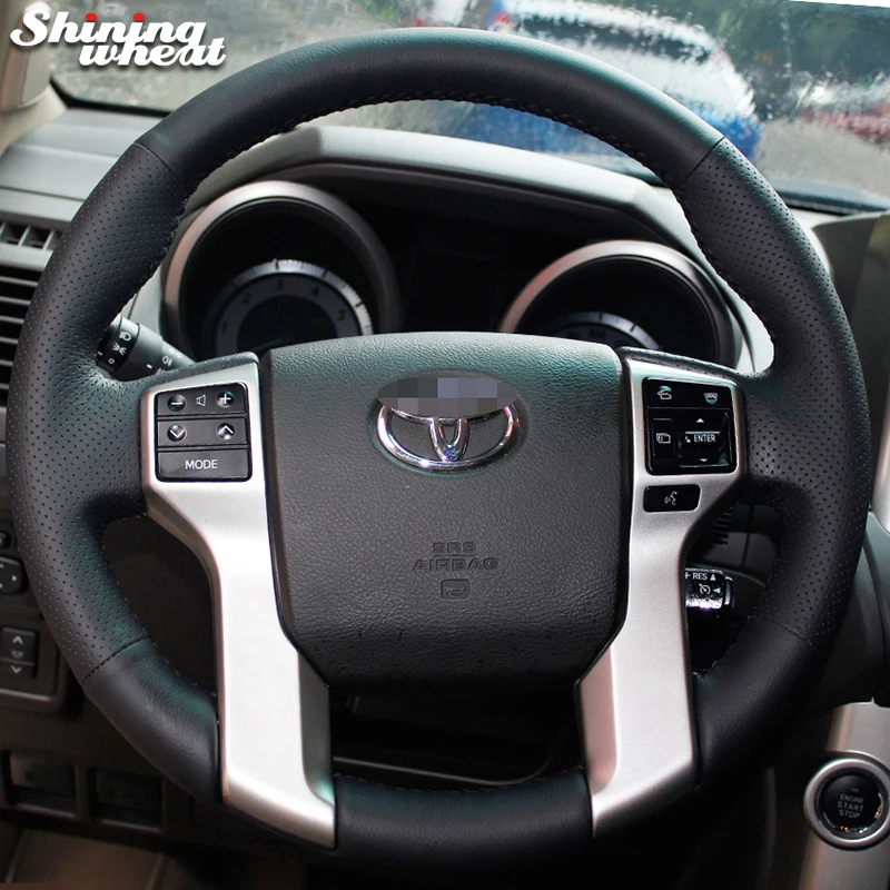 Shining wheat Genuine Black Leather Steering Wheel Cover for Toyota Land Cruiser Prado 2010 2014 Tundra Tacoma 4Runner