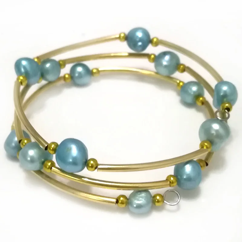 20 inches 8-9mm Blue Natural Baroque Pearl Memory Wire Wrap Bracelet