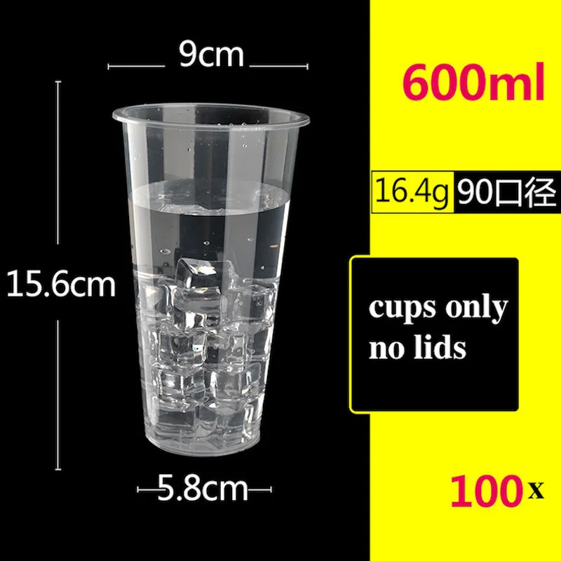 使い捨てプラスチックカップ,100x500ml,ミルクティージュース用,食品グレード,600ml,700ml,透明蓋なし