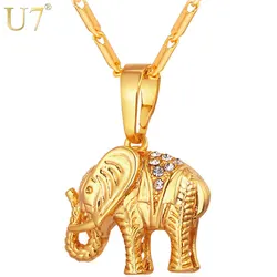 U7 Thailand Elephant Necklaces Lucky Jewelry Gold Color Rhinestone Animal Pendants & Chains Women Gift P563