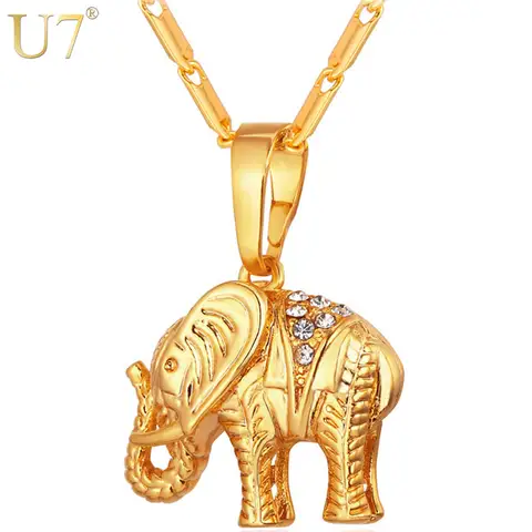 U7 Thailand Elephant Necklaces Lucky Jewelry Gold Color Rhinestone Animal Pendants & Chains Women Gift P563