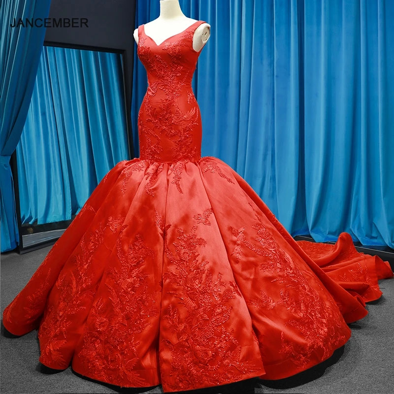 J66785 jancember mermaid evening dresses V-neck red wedding party trumpet dresses pengant merah pleat robe rouge satin court