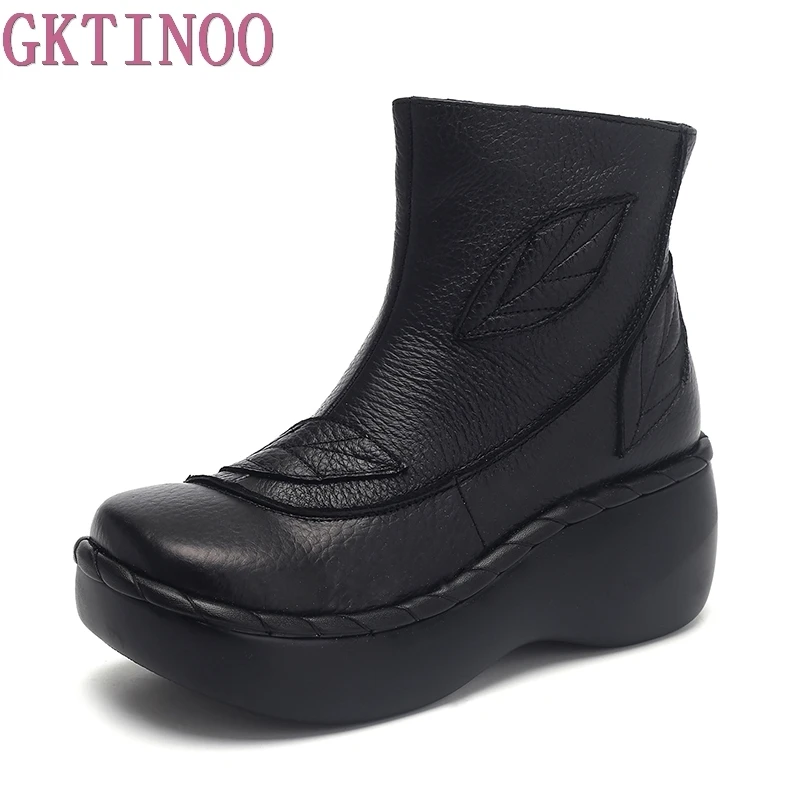 GKTINOO Genuine Leather Women Boots 2024 Spring Autumn Fashion Sewing 6cm Thick Sole Boots with Platform Women Ankle Shoes