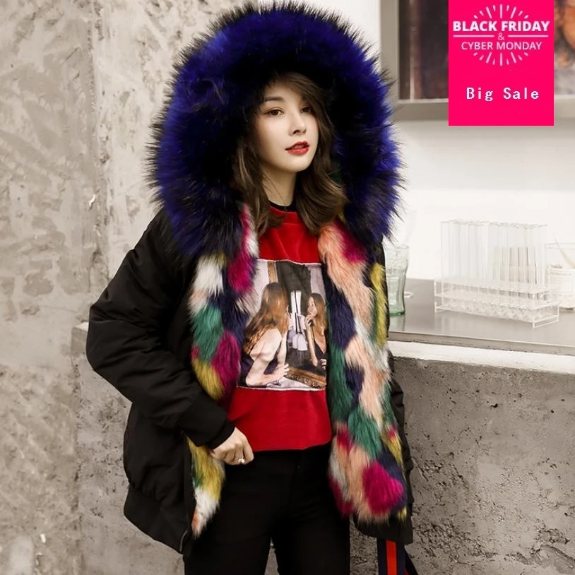 Winter Women Faux Fur Parker Coat Short Hooded Big Fur Collar Jackert female Colorful Slim Thick Warm Faux Fur Outerwear L1288