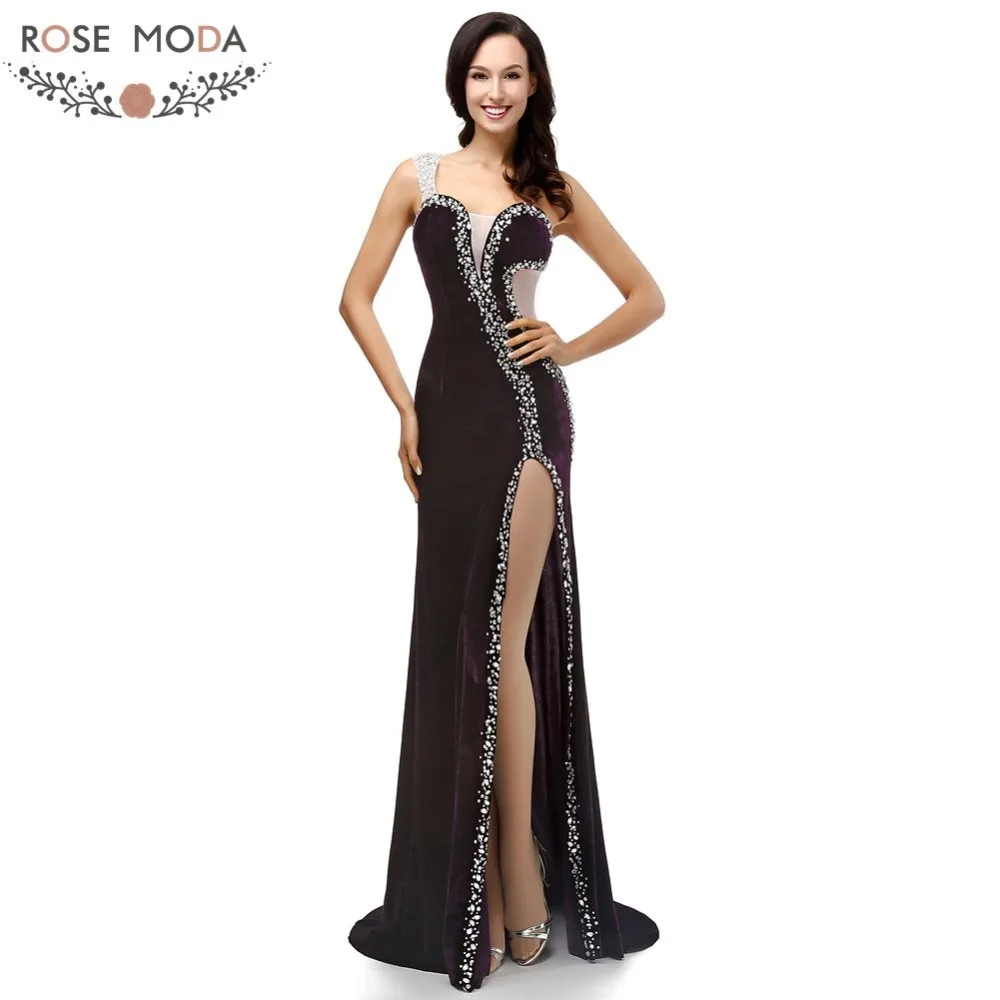 Rosa moda sexy um ombro cristal frisado alta fenda preto veludo vestido de noite até o chão fotos reais