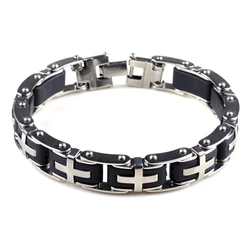 PINKSEE Fashion Stainless Steel Black Rubber Cross Motorcycle Biker Chain Men Link Bracelet Personality Jewelry Accessories