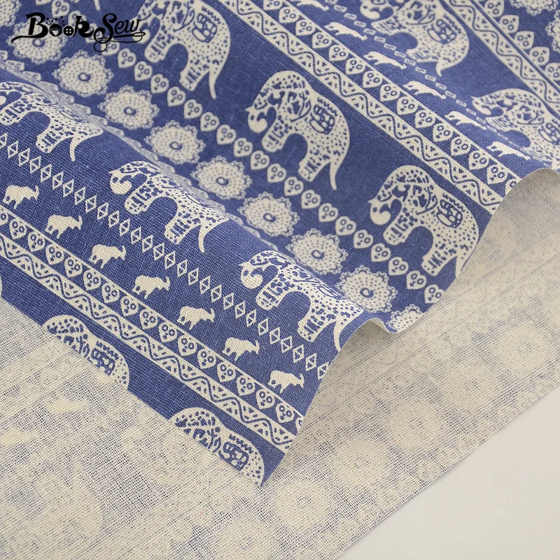 Booksew Home Textile Thailand Style Elephant Design Cotton Linen Dark Blue Fabric Sewing Tissu For Bag TableCloth Curtain Pillow