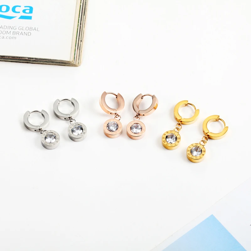 New Titanium Steel High Quality Beautiful Roman Numeral Gold Color Inlaid 6mm Drop Earrings For Women Best Earring Jewelry Gift image 2