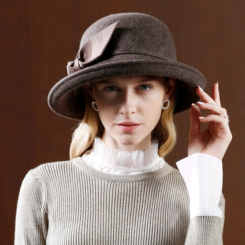 

Lady Fedoras Hats Female Fashionable Leisure Dome Cap Lounge Elegant Wool Felt Hats Curling Top Party Bowtie Hat Adjust A28