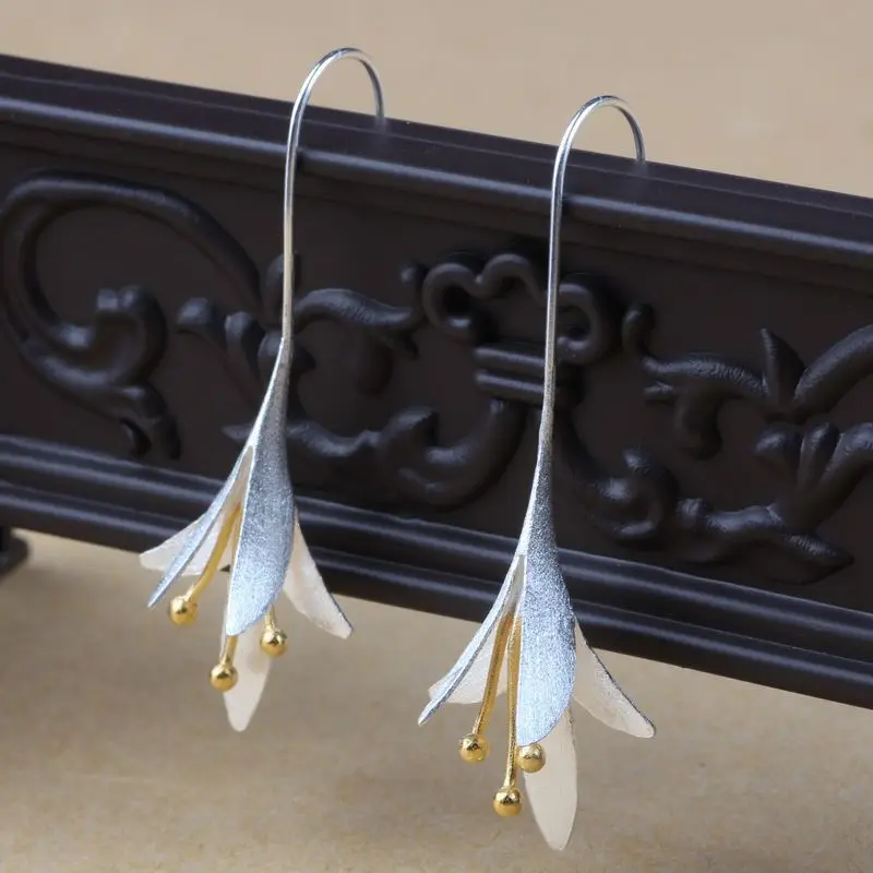 Korean Fashion Real Silver Color  Long Flower Drop Earrings Female High Quality Handmade Flower Earrings Thailand Crafts