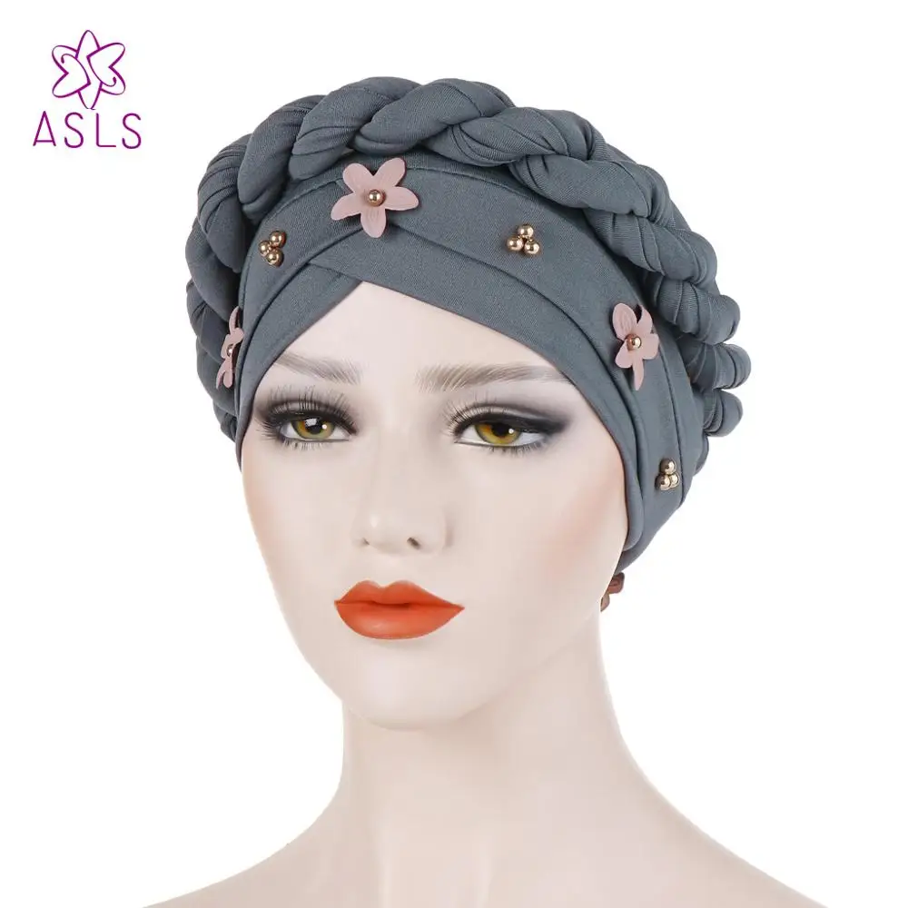 

Women Cross Twist Braid Hat Flower Golden Pearl Muslim Hair Loss Cancer Hat Chemo Beanie Cap Hijab Headband Hair Accessories