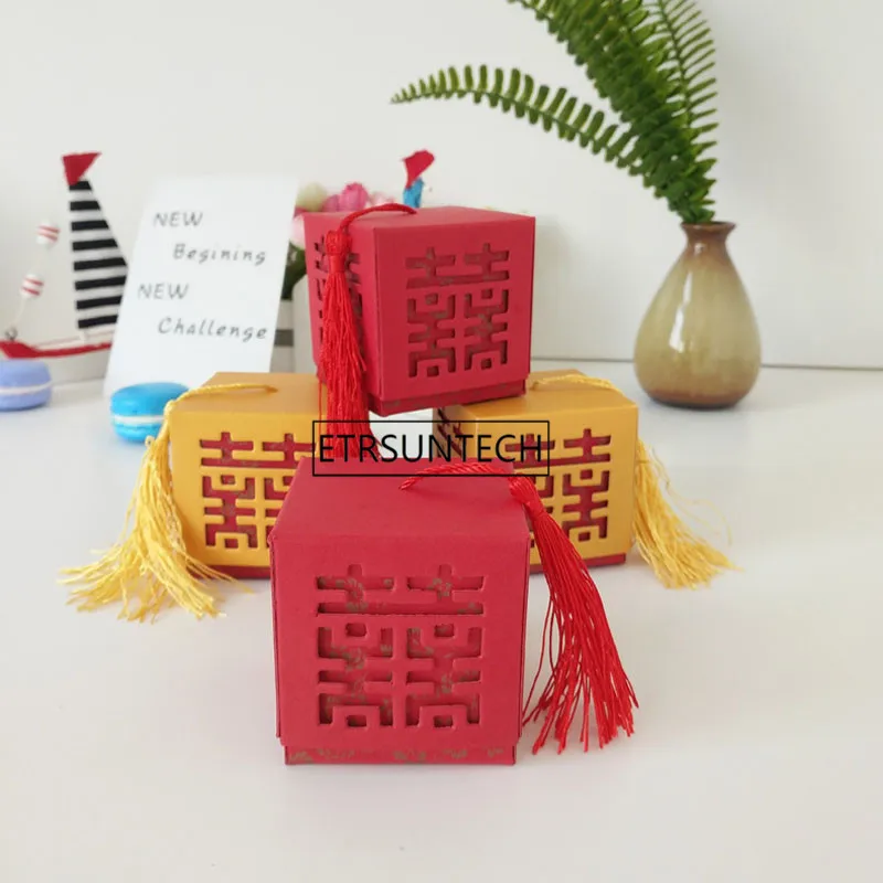 

Chinese Yellow Red Hollow Double Happiness Tassel Flowers Candy Box Wedding Party Favor Decoration Gift