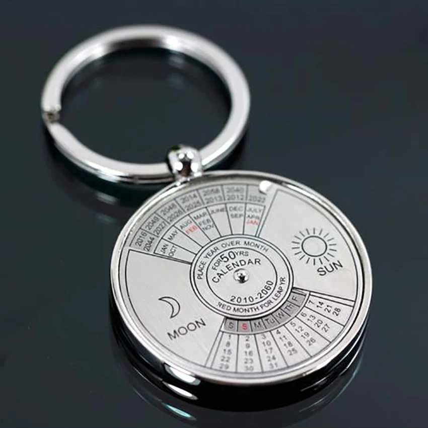 1PC Mini Perpetual Calendar 2019 Keychains Unique Metal Keyring Sun Moon Carving 2010 to 2060 Calendar Key Ring Customize LOGO