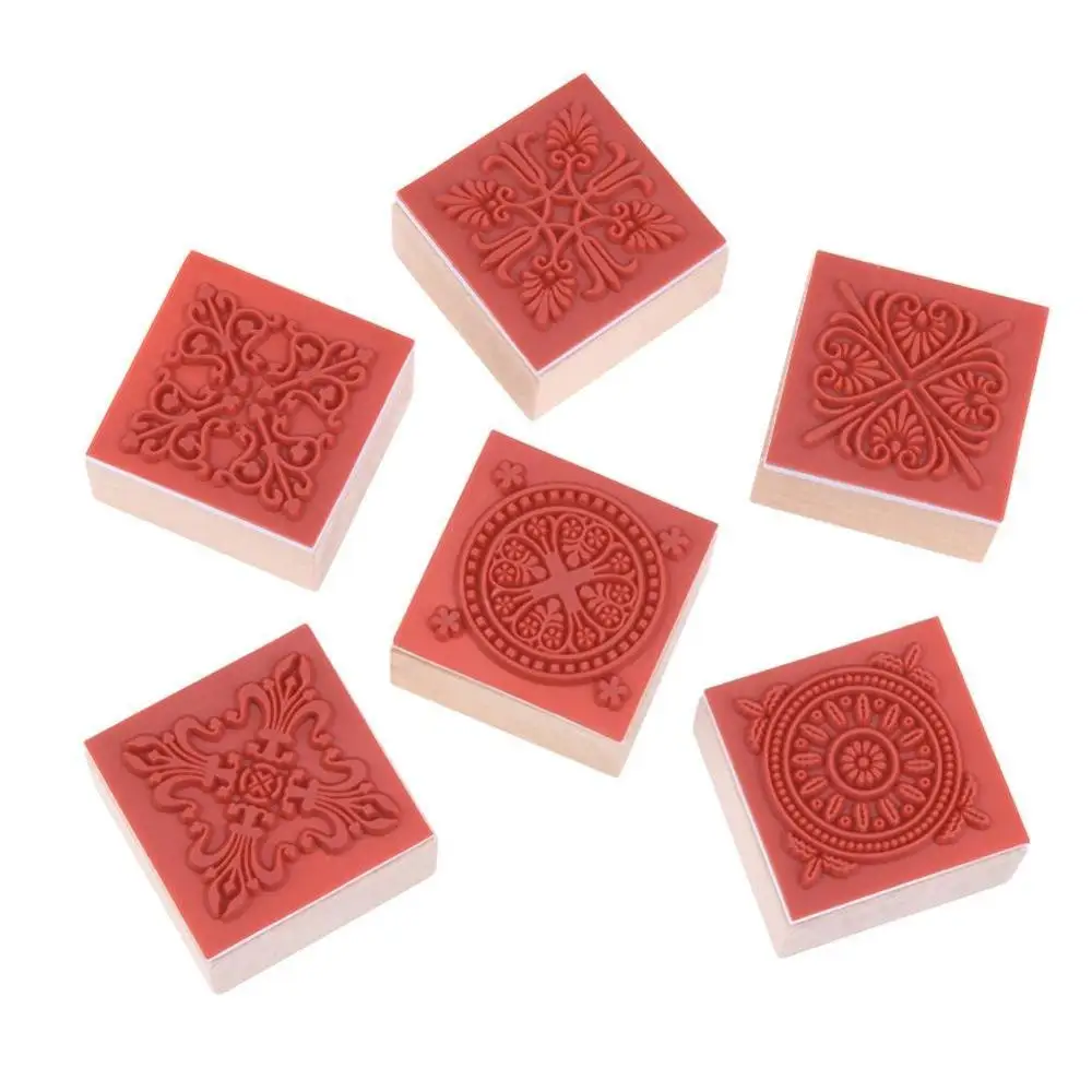 Wooden Retro Square Stationery Floral Stamp Seal Lace Decoration Flower Pattern Retro Paper Rose Stamp Block Carving Stamp