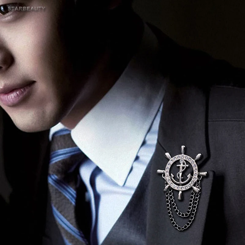 Golden Rudder Anchor Brooch Mens Suit Boutonniere Badge Korean Brooches for Men Lapel Pin Women Broches Chain Christmas Gift