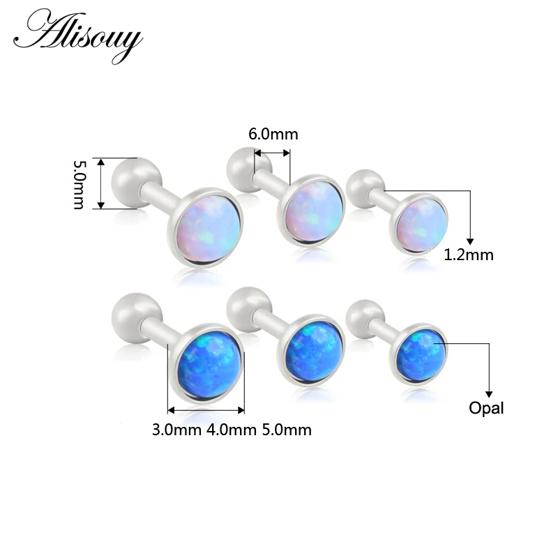 Alisouy 1Pc Stainless Steel Silver color 16g Opal Stone Ear Tragus Gauges Cartilage Helix Stud Earring Piercing Body Jewelry