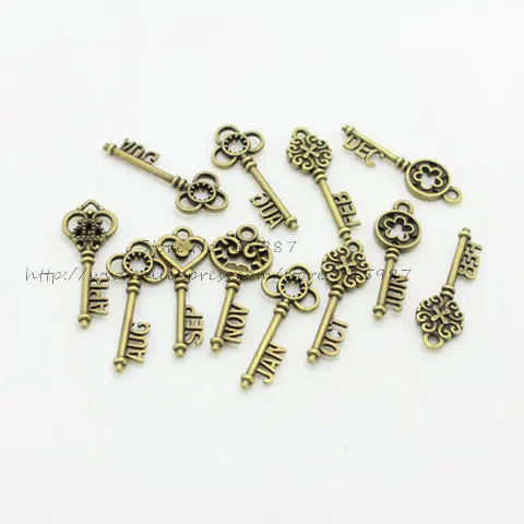 

Sweet Bell Free Shipping 50pcs/lot Mixed month Key Charms Antique Bronze Color Alloy Pendant Jewelry Findings D0898