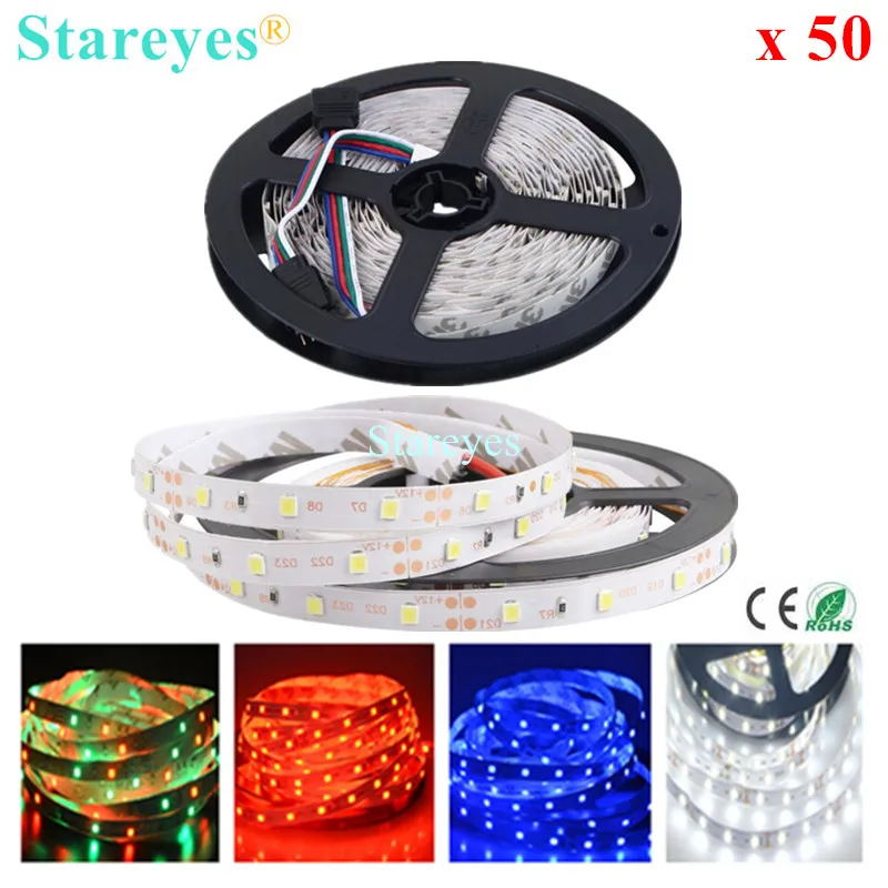 

50 pcs SMD 3528 2835 54 60 LED/m RGB Strip 5m 270 300 LED DC12V Non Waterproof string flash light Ribbon LED colorful string