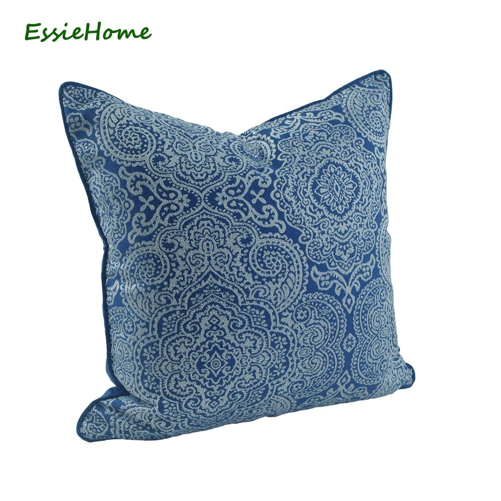 ESSIE HOME 45*45 cm Chinese Pattern Blue Navy Royal Blue Pillow Case Cushion Cover Jacquard Cushion With Piping Edge