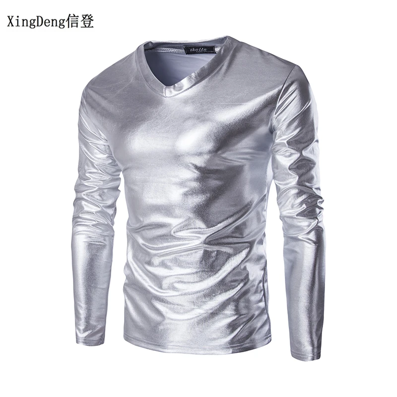 XingDeng Leather Sexy DJ Bar TOPS And Show Nightclub Clothing Men\'s Large Size Round Collar T-shirt Men Tees Spring Clothes