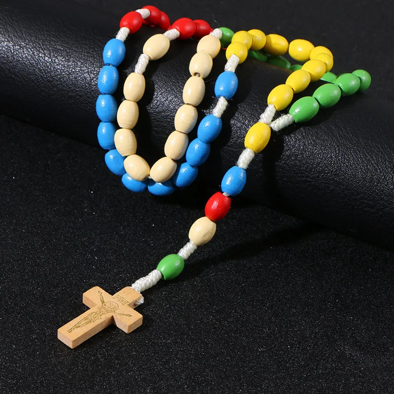 KOMi Handmade Jesus Wooden Weave Colored Rosary Cross Pendant Necklace Beads Orthodox Catholic Religious Praying Jewelry R-190