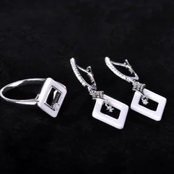 Fashion Bridal Wedding Jewelry Sets Earrings Rings White Ceramic Square Drop Earrings Crystal Copper Anel Aros Keramik Schmuck