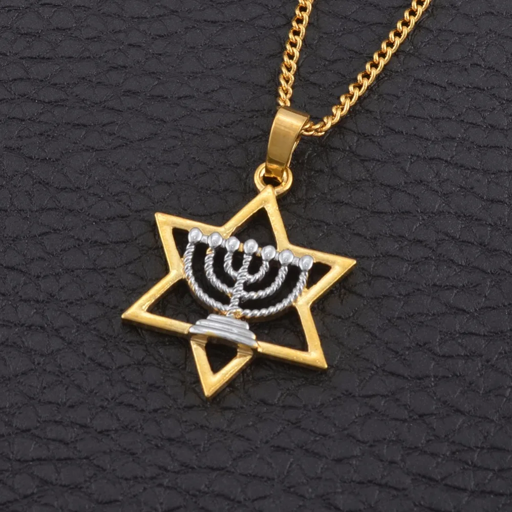 Anniyo Israel Hexagram Menorah Hanukkah Pendant Necklaces for Women Symbol of Judaism Jewelry Israeli Symbols Two Tone @122306