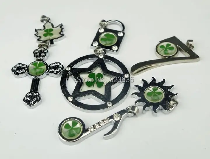 Real Green Shamrock 7 PCS Real Four-Leaf Clover Mix shaped Pendant Necklace Good Lucky Gift