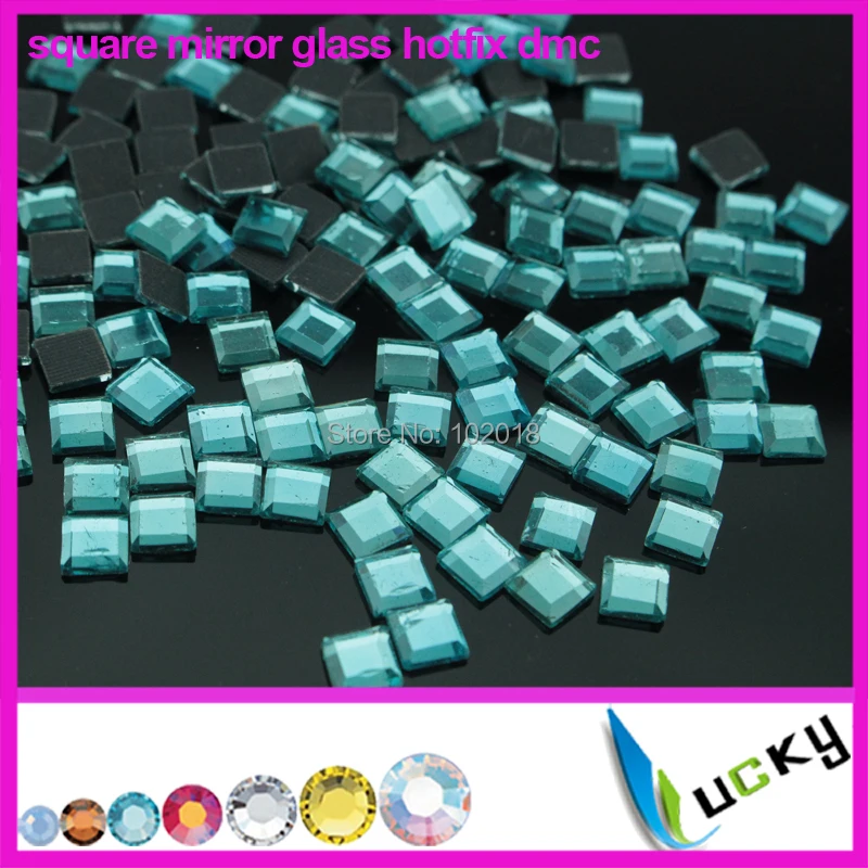 Free shipping 2014 new design mirror glass rhinestones!288pcs 6x6mm square shape aquamarine color hot fix rhinestones