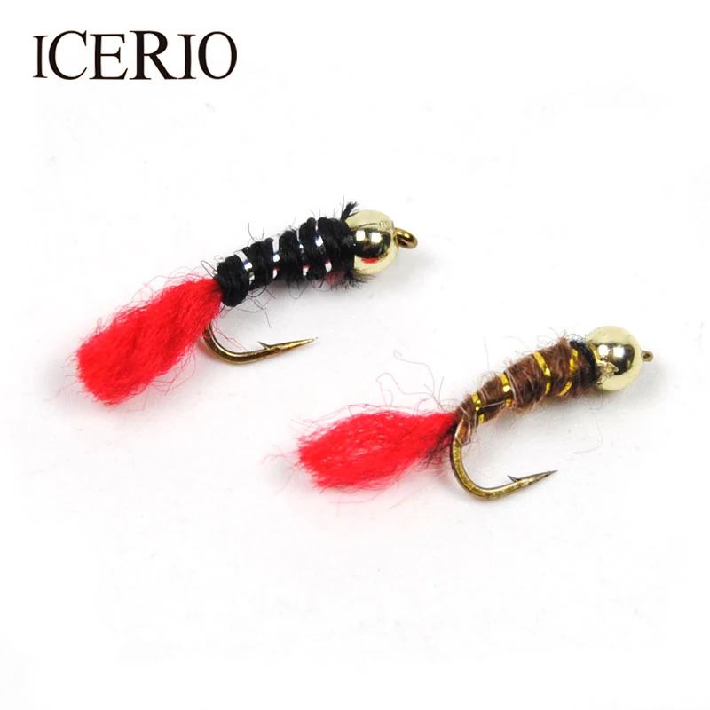 ICERIO 12PCS #14 Bead Head Red Tail Buzzer Nymph Trout Fly Fishing Lures